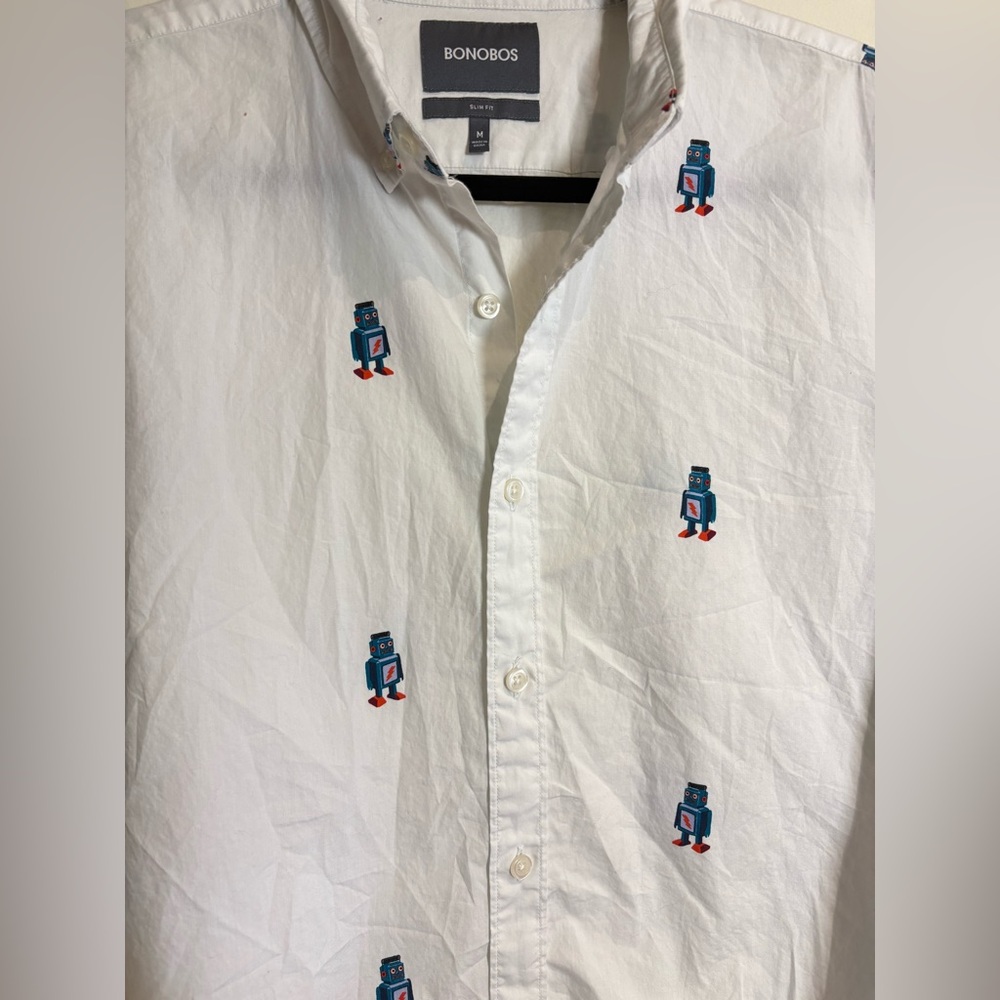 Bonobos Washed Button Down Slim Fit White Robot Print Sport Shirt Size Medium - Picture 5 of 7